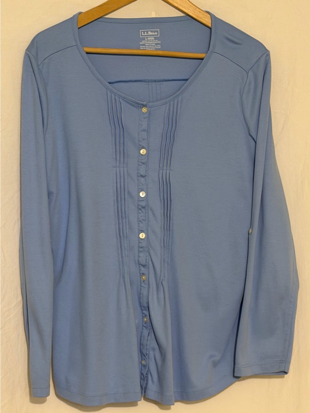 L.L. Bean Light Blue Pintuck Henley Top Convertible Roll-Tab Sleeve Blouse Tunic